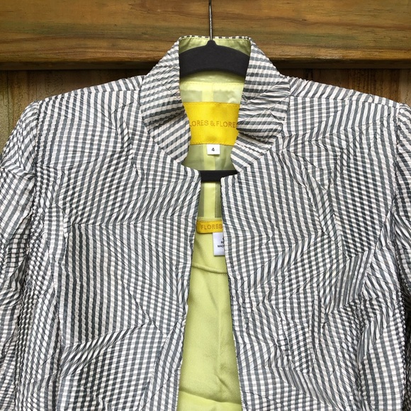 Flores & Flores Striped Seersucker Jacket and Silk Camisole Size 4 Yellow Gray - Picture 2 of 15